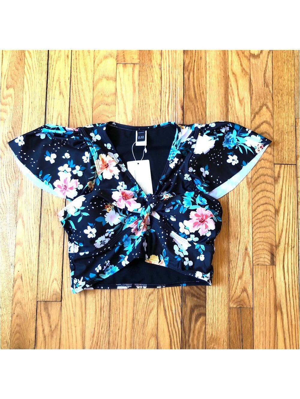 Bloomchic NWT Women's Black Floral Multicolor Swimsuit Bathing Suit Top 14-16